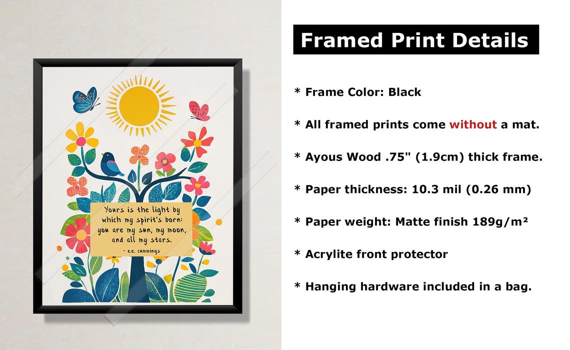 E E Cummings You Are My Sun My Moon Folk Art Flower Tree Quote Poster - Image 2
