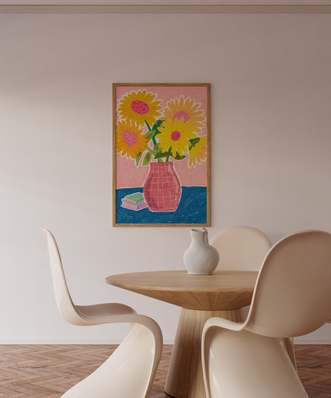 Sunflower Oil Pastel Drawing Floral Vase Art Print