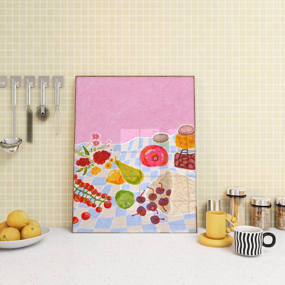 Colorful Kitchen Still Life Fruits Cherries And Jam Jars Poster