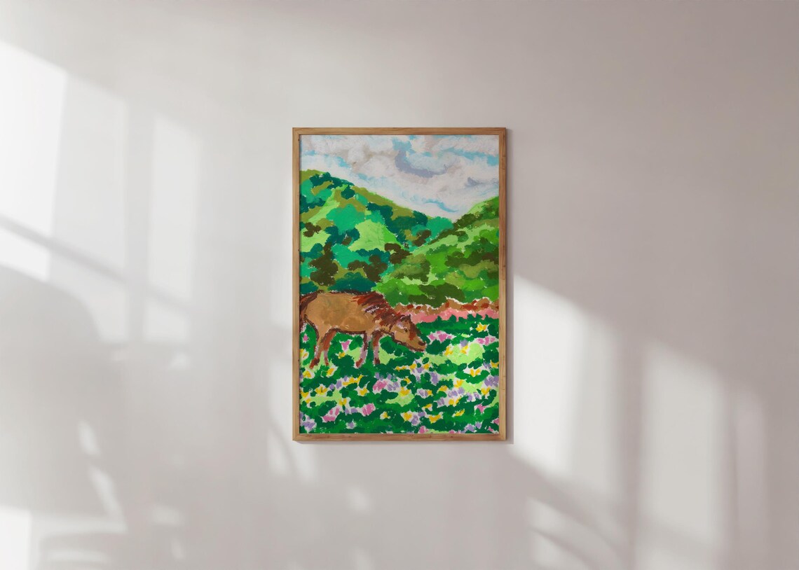 Grazing Horse Wildflower Meadow Colorful Folk Art Animal Print