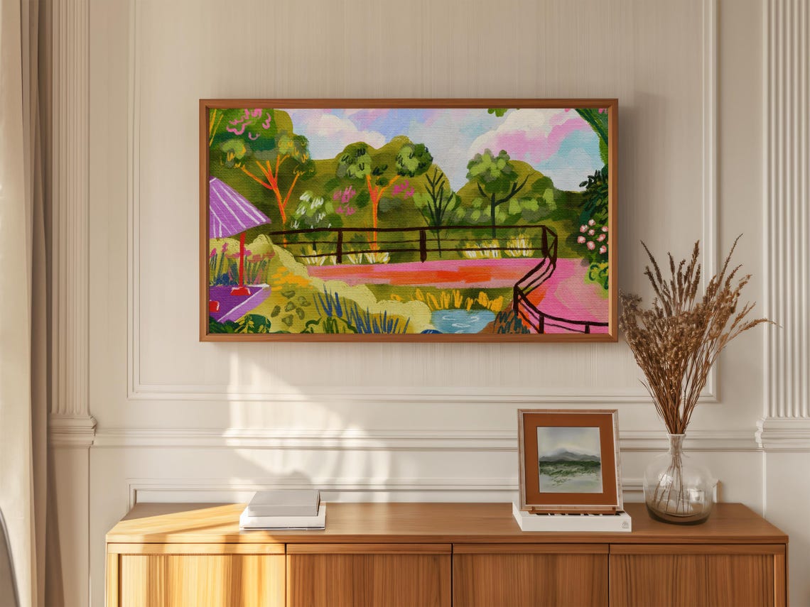 Vibrant Garden Bridge Colorful Landscape Painting Scenery Art Poster