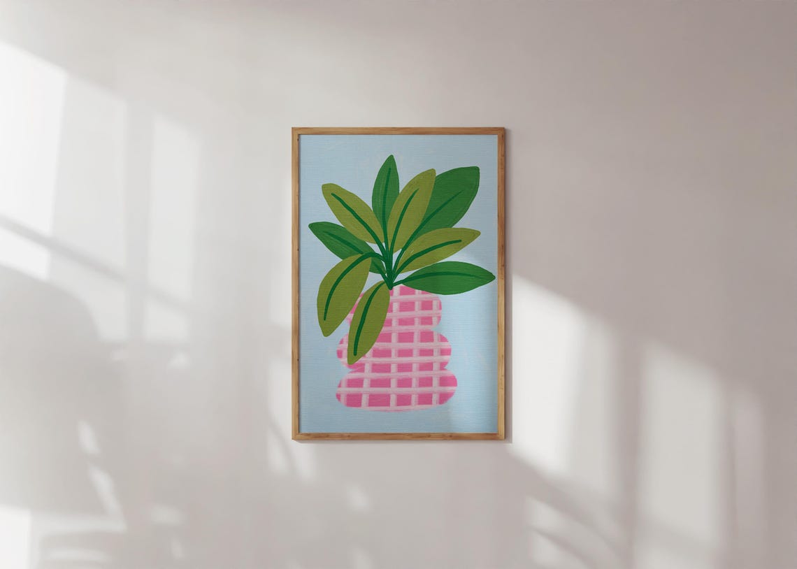Potted Plant Pink Checkered Vase Colorful Gouache Art Poster