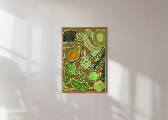 Green Fruits Vegetables Art Print, Kitchen Wall Decor
