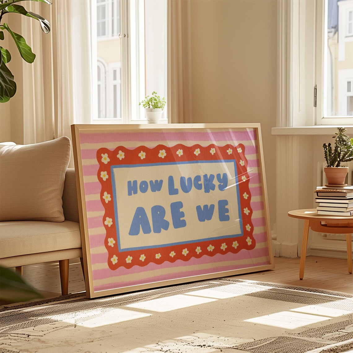 How Lucky Are We Trendy Pink Retro Daisy Stripe Quote Print Art