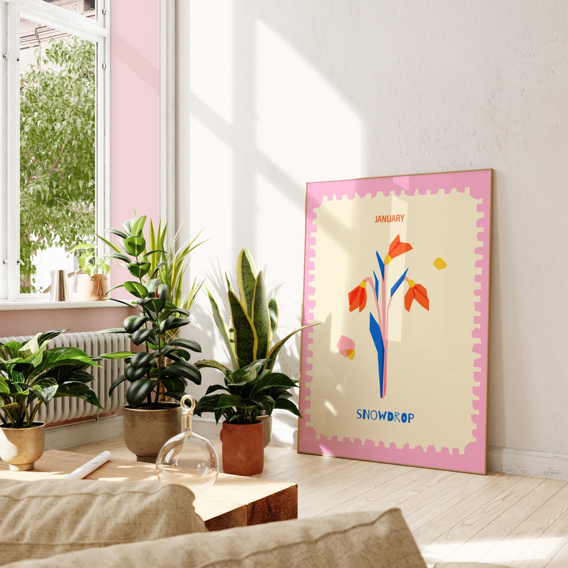 January Snowdrop Birth Flower Stamp Style Botanical Art Poster