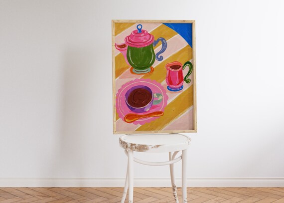 Colorful Coffee Cup Still Life Gouache Morning Painting Poster