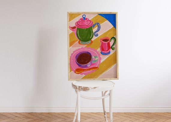 Colorful Morning Coffee Art Print Gouache Acrylic Painting