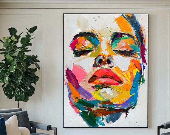 Colorful Abstract Woman Face Closed Eyes Rainbow Brushstroke Portrait Wall Art