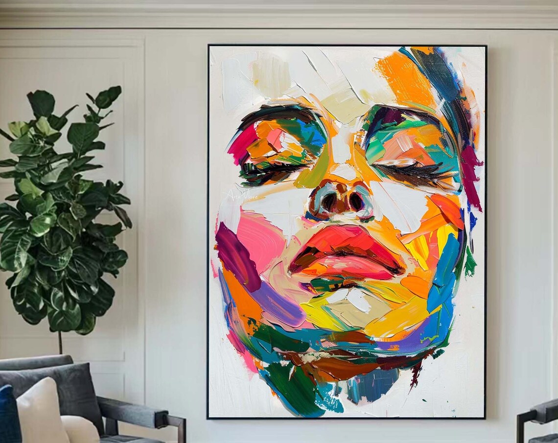 Colorful Abstract Woman Face Closed Eyes Rainbow Brushstroke Portrait Wall Art