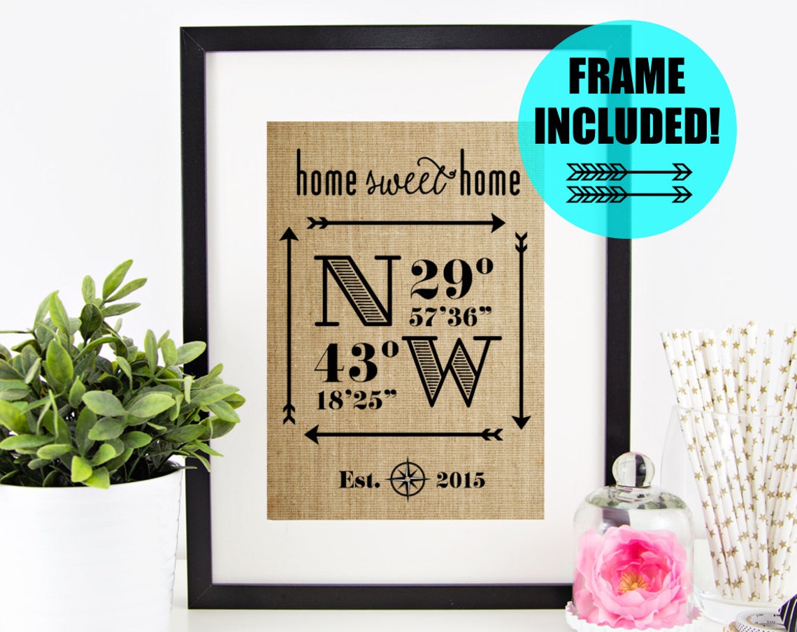 Home Sweet Home Latitude Longitude New Home Housewarming Burlap Print