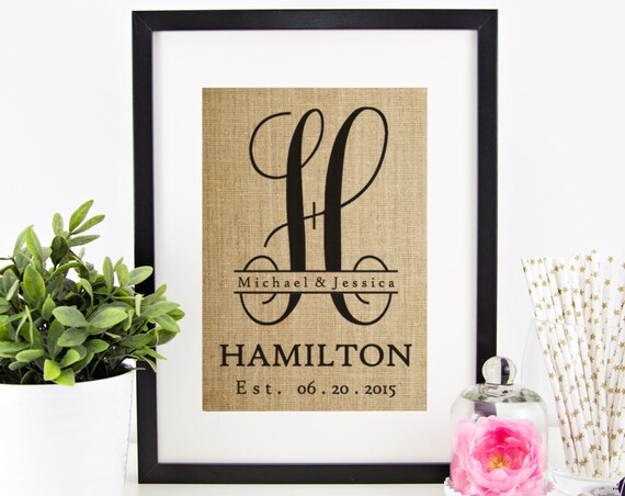 Burlap Monogram Monogrammed Gifts Personalized Wedding Gift For Couple Gift For Bride Wedding Gift Last Name Establish