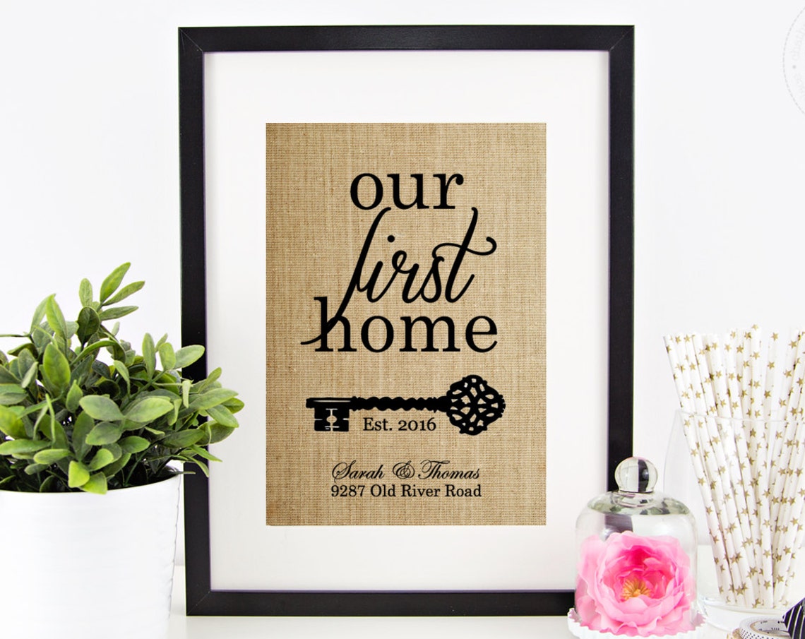 Custom Our First Home Key Address Rustic Burlap Housewarming Poster