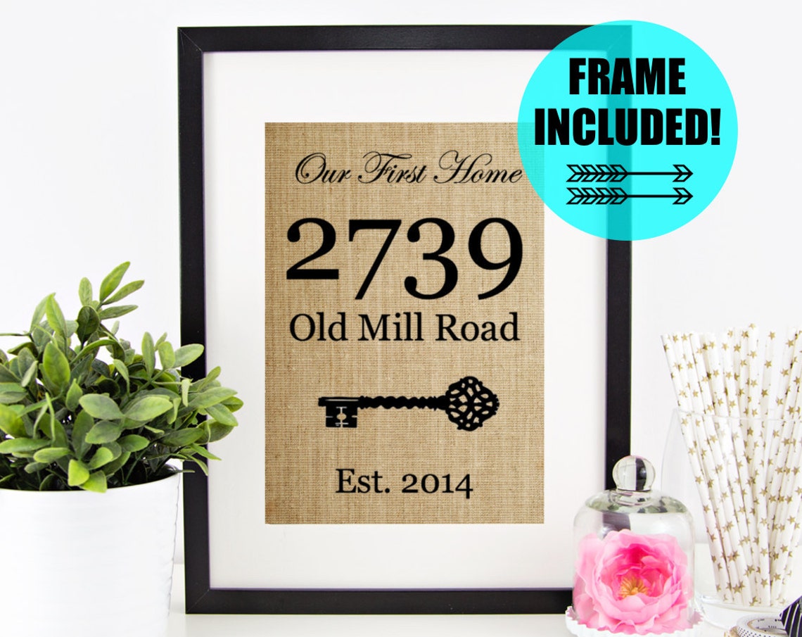 Our First Home Address Key Sign New Housewarming Burlap Art Poster
