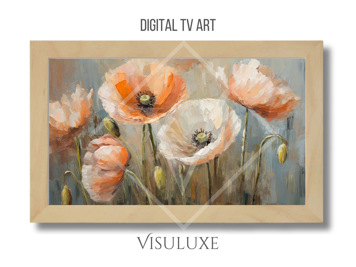 Peach Poppies Frame Tv Art Peach Poppies Tv Art Oil Painting Heavy Brushstrokes Poppy Flowers Painting Screensaver Tv 169 Ar - Image 4