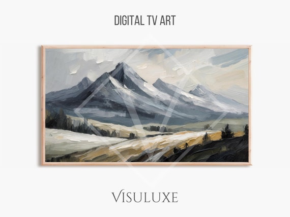 Gray And Sage Mountain Painting Frame Tv Art Gray Sage Mountain Scene Oil Painting Heavy Brushstrokes Scenic Neutral Screensaver Tv 169 Ar