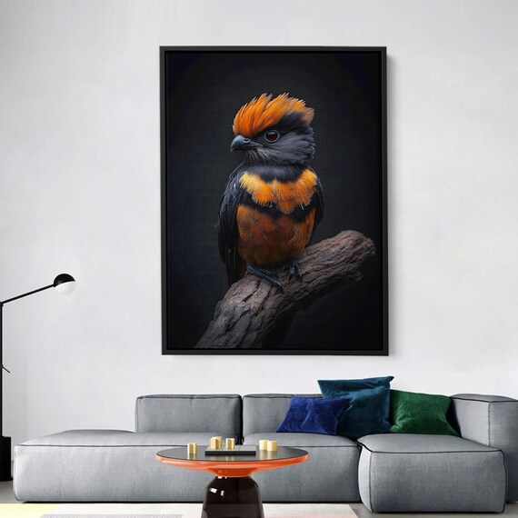 Vibrant Orange Black Bird Art Print Exotic Colorful Illustration Moody Jungle Wildlife Wall Dark Nature Canvas For Home Decor