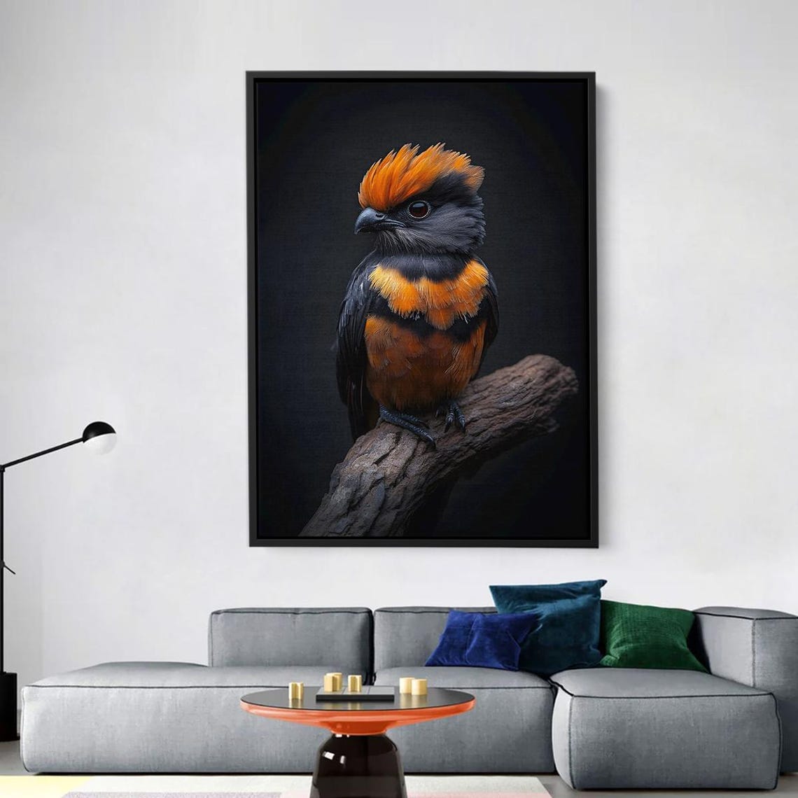 Vibrant Orange Crested Black Bird On Branch Dark Background Wall Art