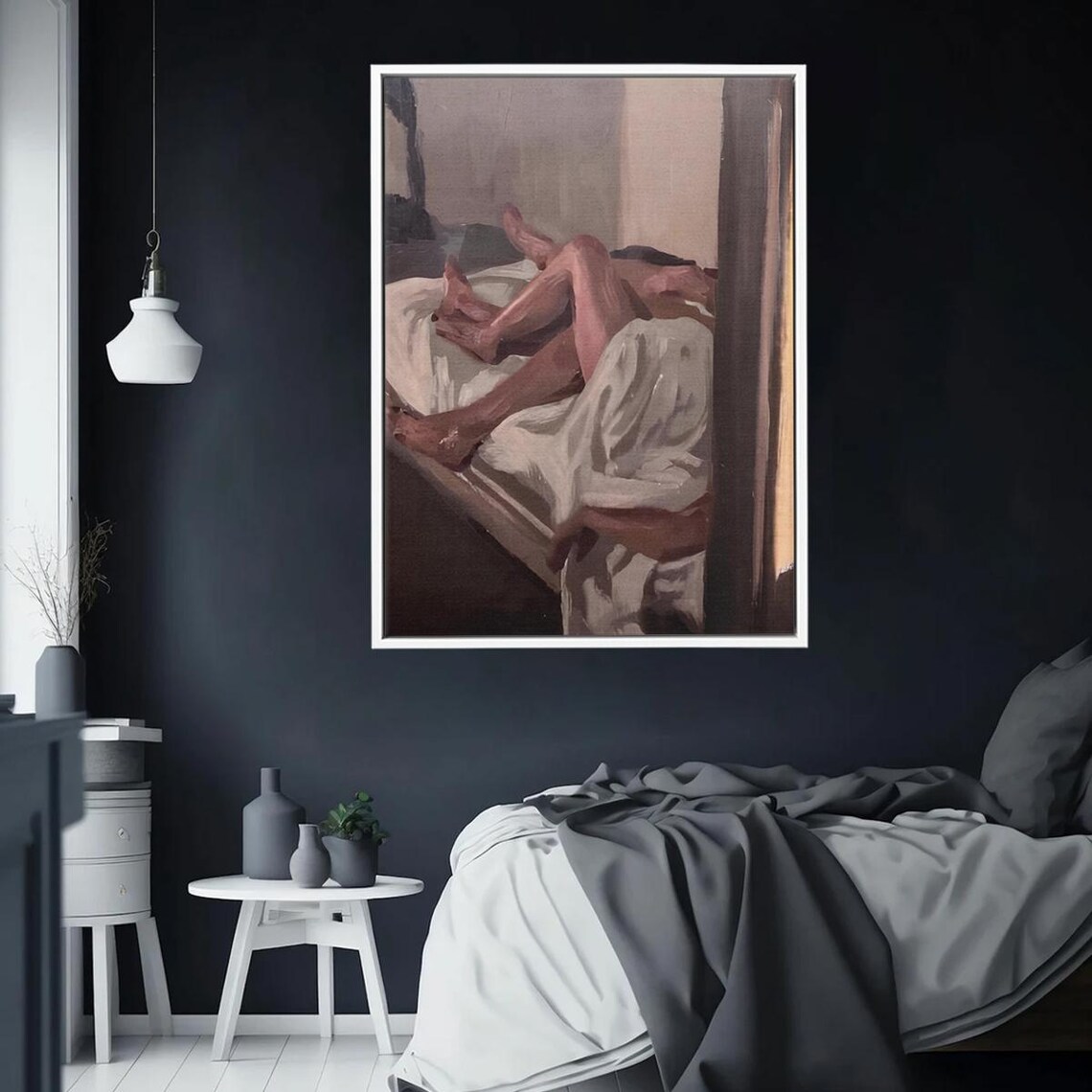 Romantic Couple Embracing In Bed Warm Oil Painting Bedroom Wall Art