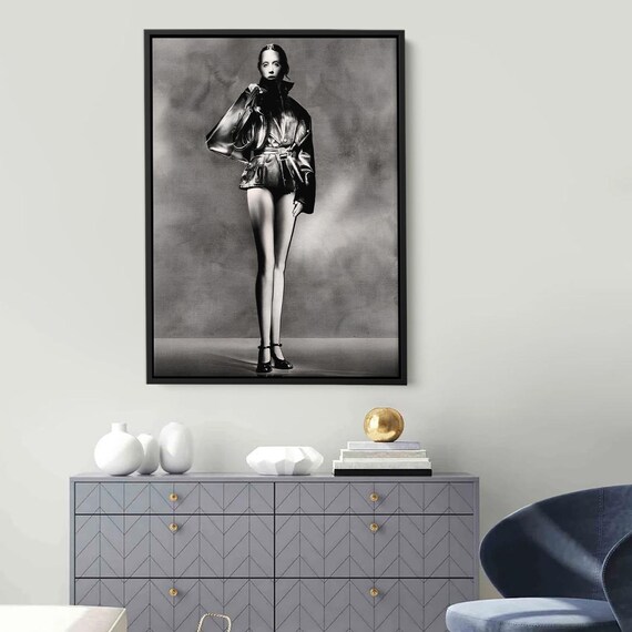 Black and White Fashion Woman in Leather Jacket Studio Art Poster