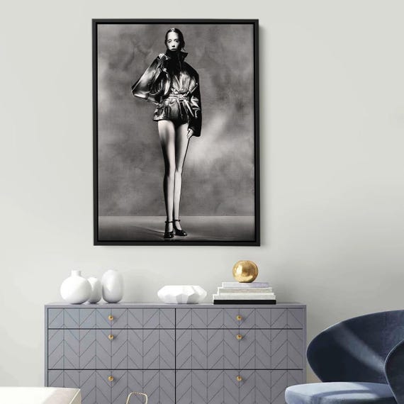 Black White Fashion Art Woman Figure Modern Drawing Framed Canvas Wall Minimalist Home Decor