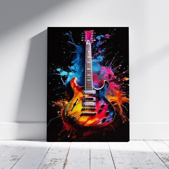 Electric Guitar Splashing Colorful Paint Splashes on Black Poster
