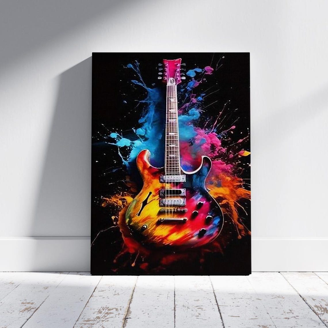 Electric Guitar Splashing Colorful Paint Splashes on Black Poster