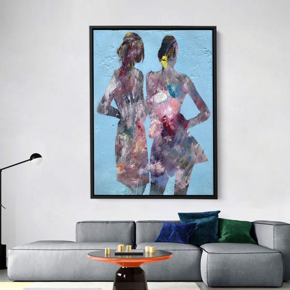 Abstract Colorful Women Painting On Blue Modern Figurative Art Print Contemporary Female Silhouette Wall For Stylish Home Decor