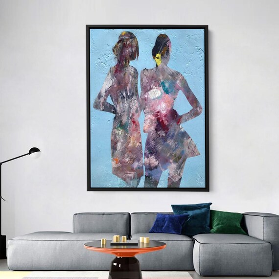 Colorful Abstract Two Women From Behind Blue Background Art Poster