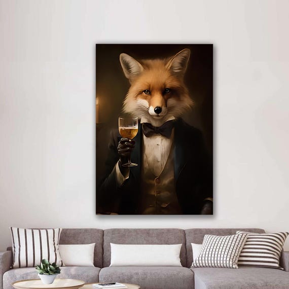Elegant Fox Portrait Tuxedo And Wine Glass Animal Figure Humorous Decorative Canvas Art