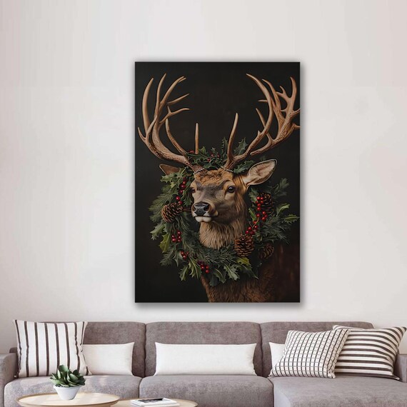 Majestic Deer Wearing Christmas Wreath Rustic Holiday Decor Poster