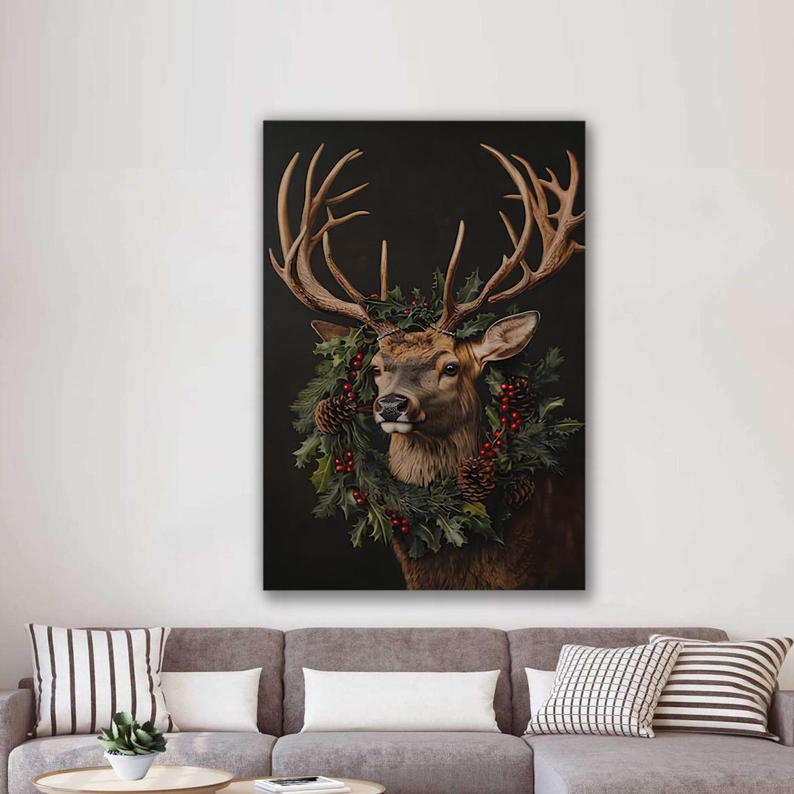 Majestic Deer Wearing Christmas Wreath Rustic Holiday Decor Poster