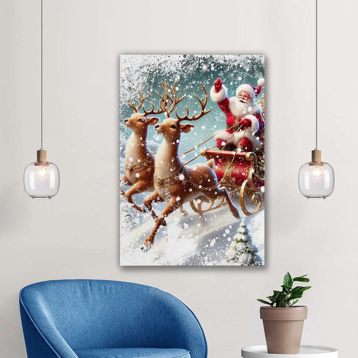 Santa Claus Golden Sleigh Reindeer Snowy Winter Night Poster