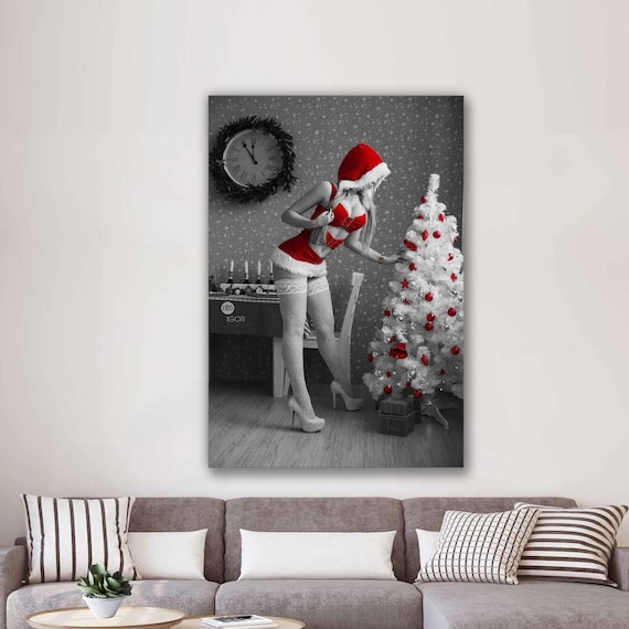 Woman In Red Santa Outfit Beside White Christmas Tree Photo Poster