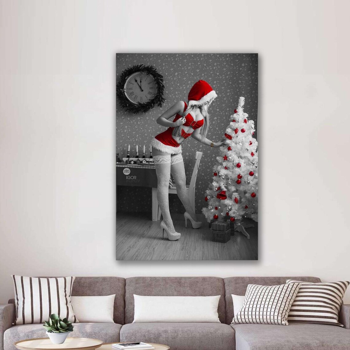 Woman In Red Santa Outfit Beside White Christmas Tree Photo Poster