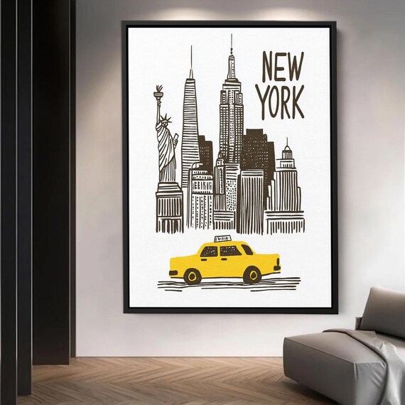 New York Wall Art Print Yellow Taxi Skyline Illustration Nyc City Poster Modern Minimalist Travel Decor For Living Room Canvas