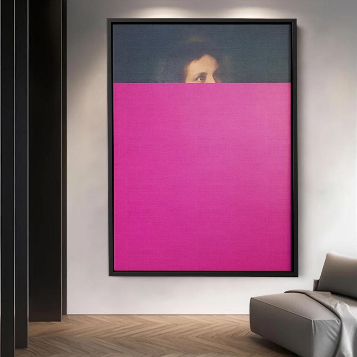 Classic Portrait Covered With Pink Block Bold Minimalist Canvas Art For Modern Interiors And Pop Culture Decor