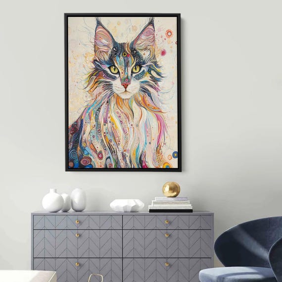 Colorful Long Haired Cat Whimsical Abstract Portrait Art Poster