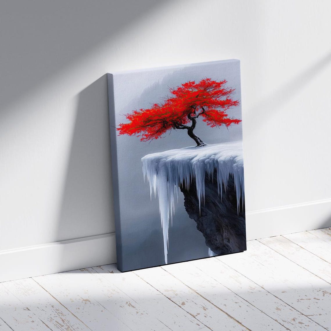 Vivid Red Tree On Frozen Icy Cliff With Long Icicles Wall Art