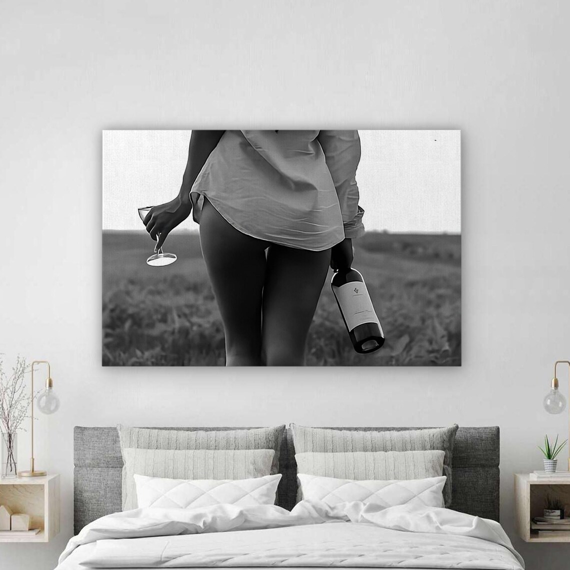 Elegant Woman With Wine Bottle Canvas Black And White Sensual Art Print Modern Minimalist Wall Decor