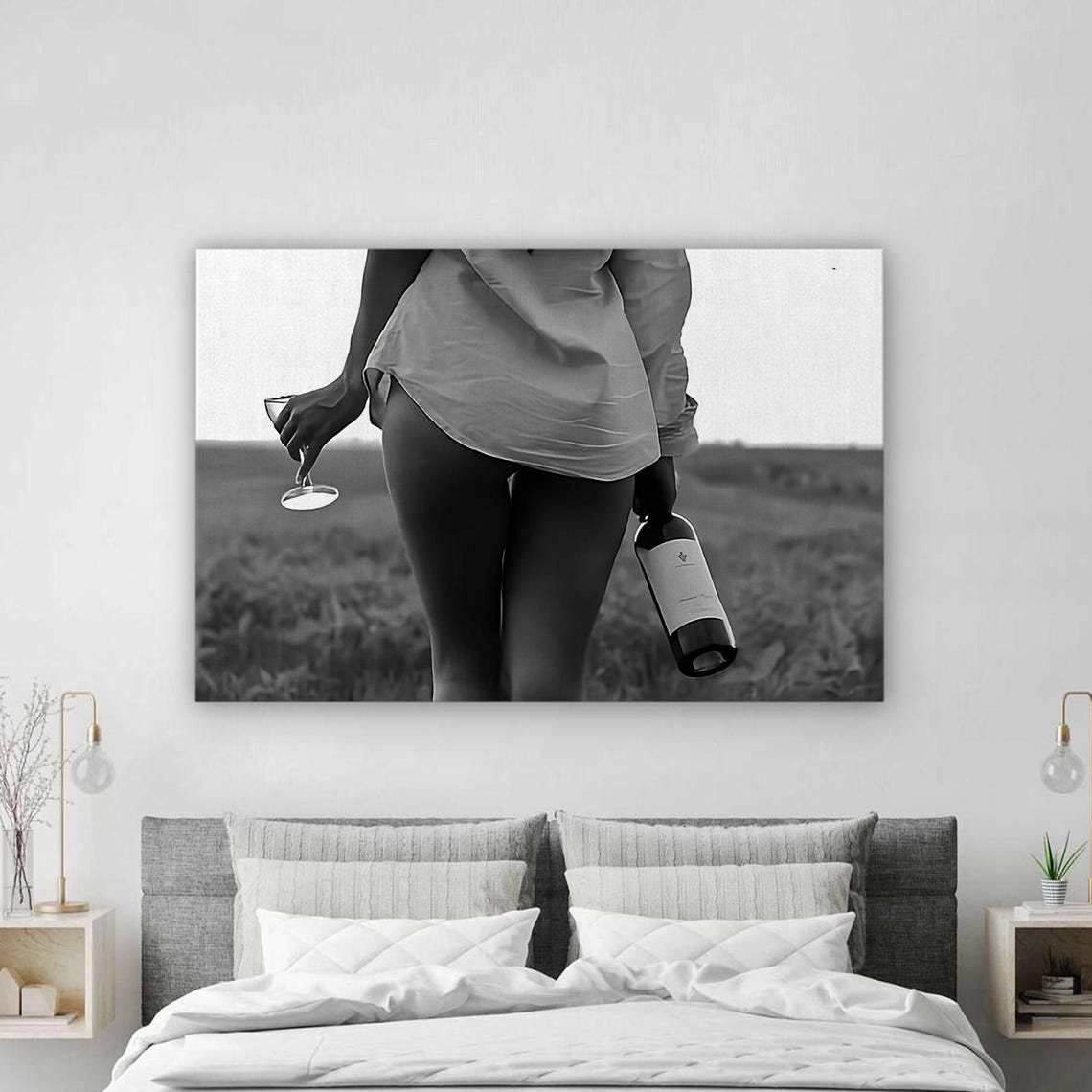 Woman With Wine Bottle Glass Black White Sensual Field Art Poster