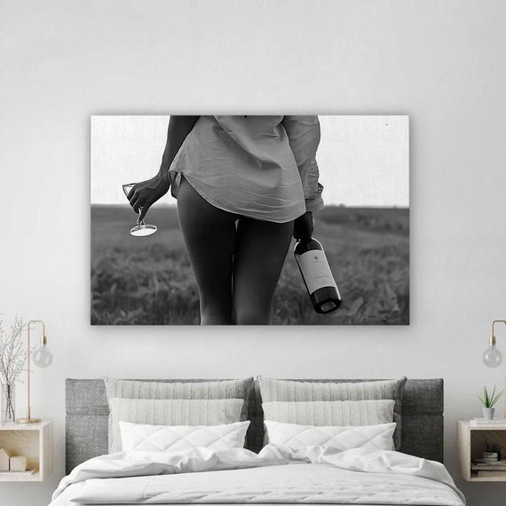 Woman With Wine Bottle Glass Black White Sensual Field Art Poster