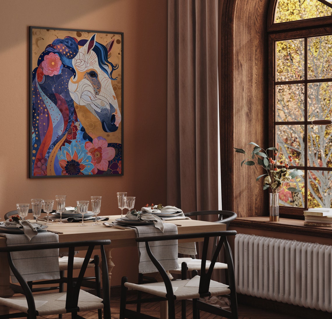 Floral Pattern Horse Head on Golden Background Equine Poster - Image 6