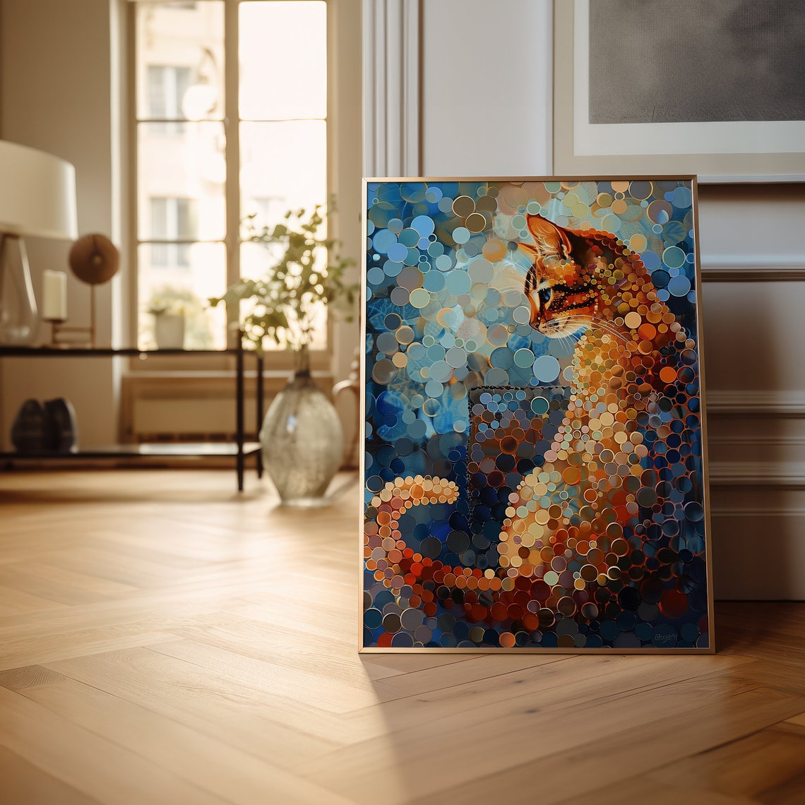 Pointillist Orange Tabby Cat Mosaic Dot Painting Blue Decor Poster - Image 4