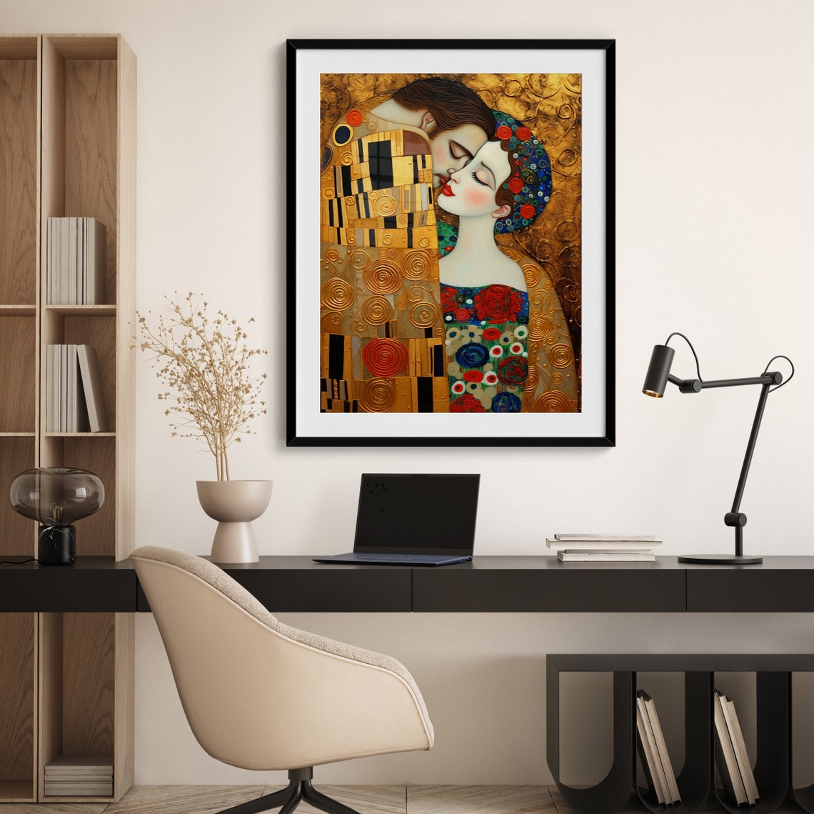 Klimt Style Golden Kiss Embrace with Floral Crown Art Poster - Image 2