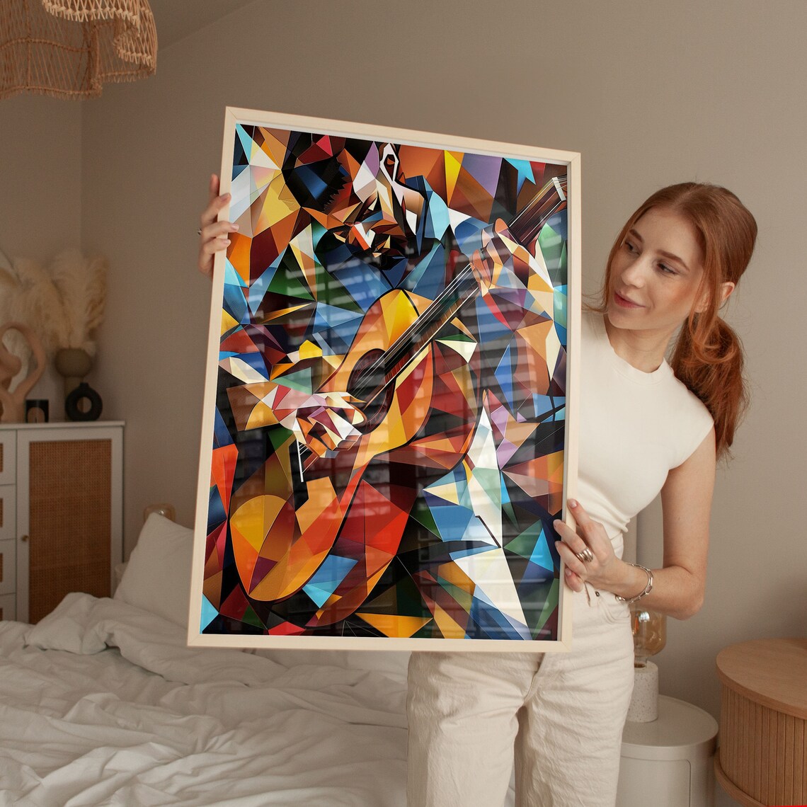 Geometric Guitarist Playing Acoustic Guitar Mosaic Art Poster - Image 6