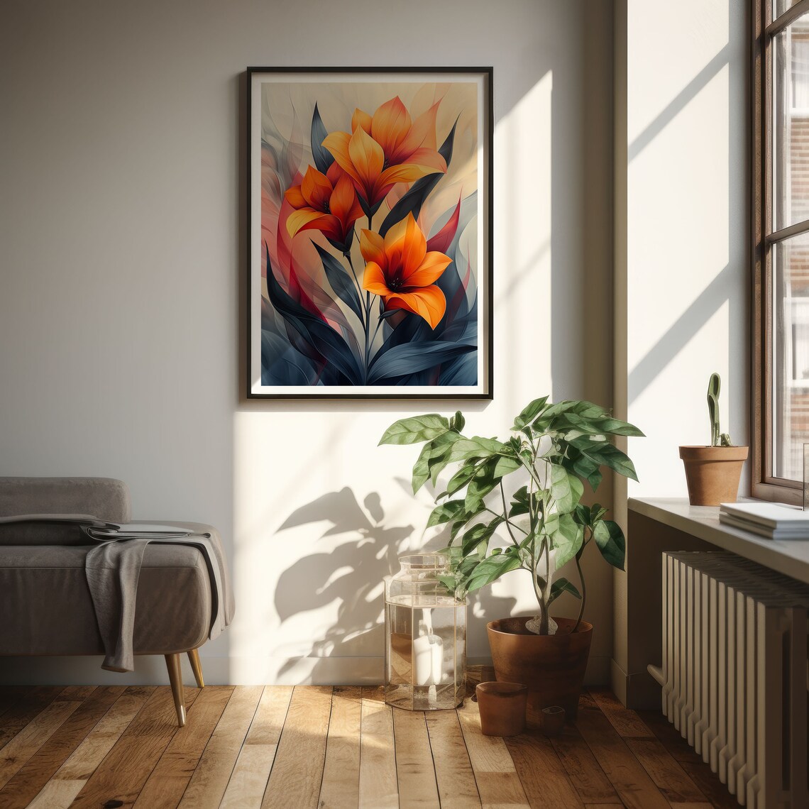 Orange Lily Blooms with Dark Leaves Abstract Floral Art Poster - Image 3