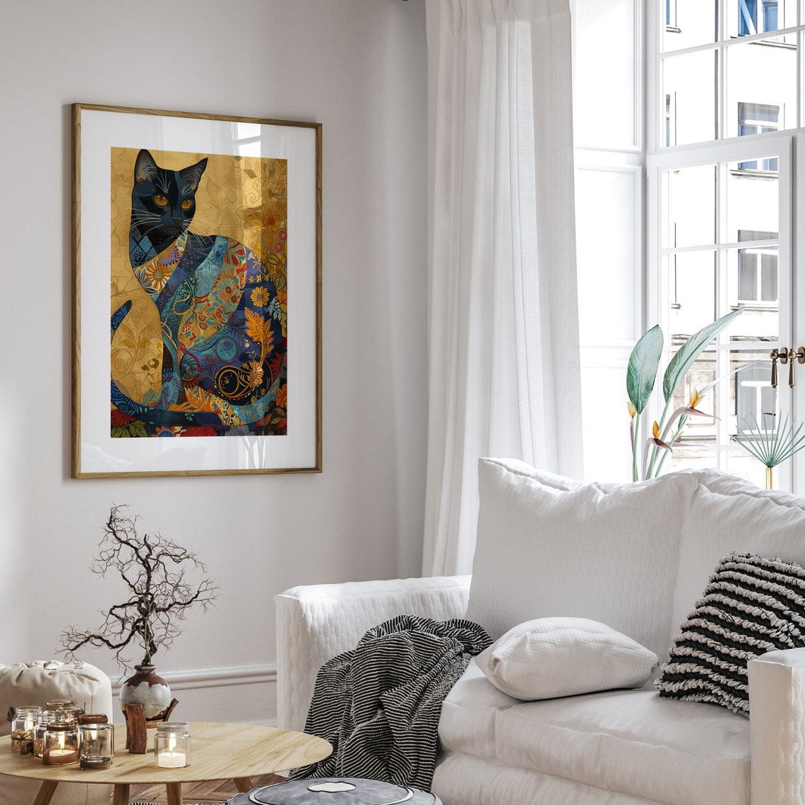 Midnight Blue Mosaic Cat with Floral Patterns on Gold Poster - Image 6
