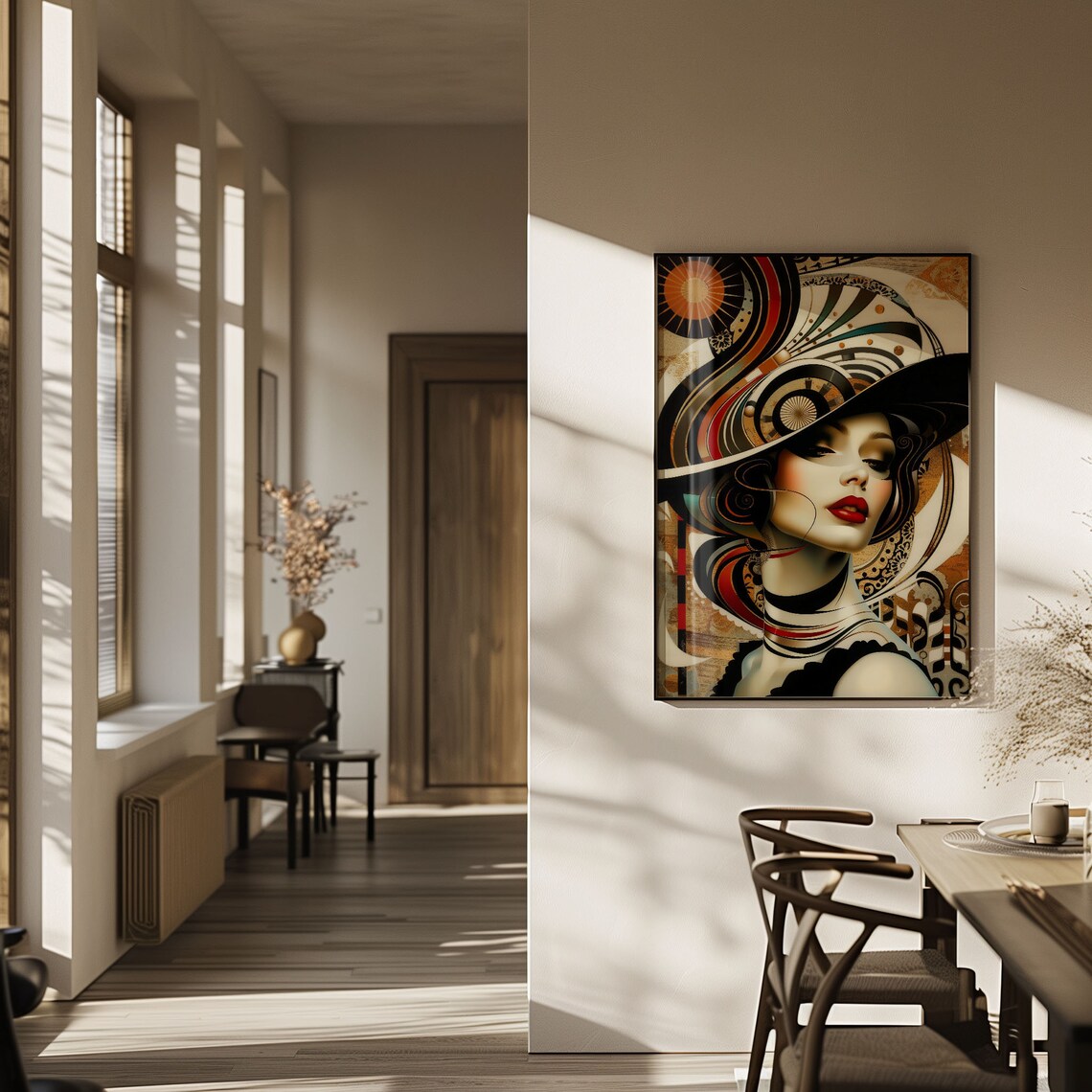 Art Deco Woman Portrait Swirling Hat Black Gold Red Glamour Poster - Image 2