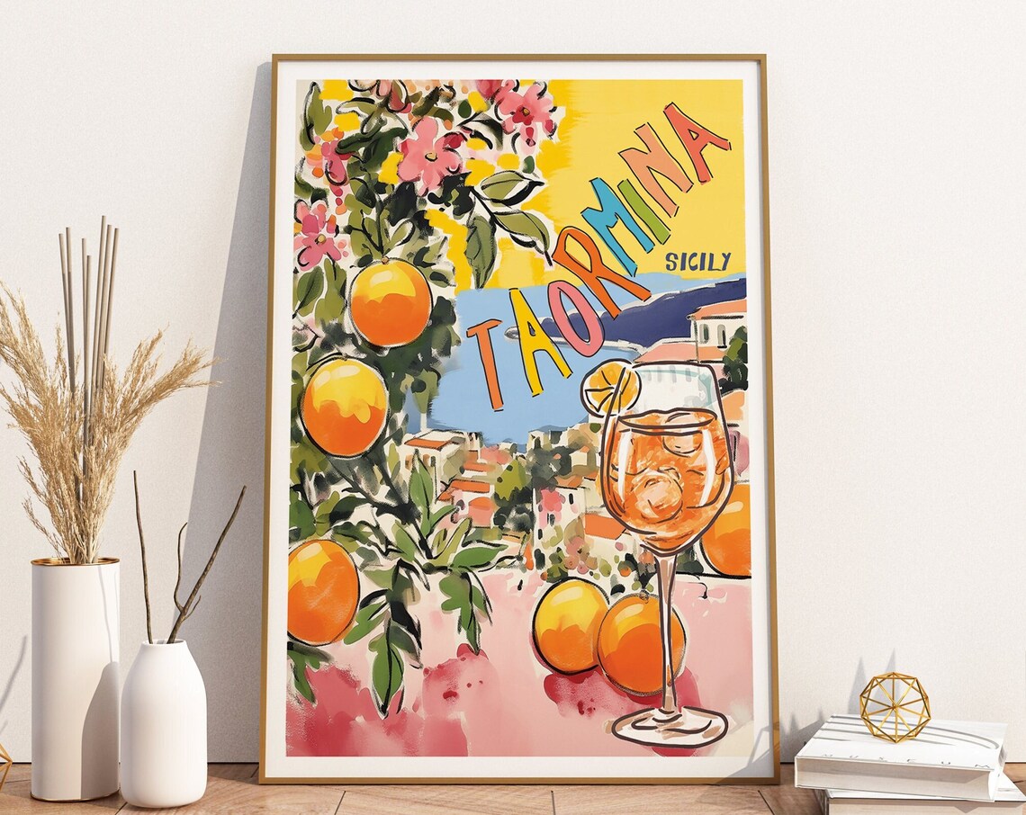 Taormina Sicily Italy Travel Poster, Retro Art Print