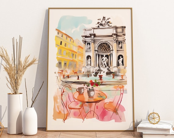 Trevi Fountain Rome Italy Watercolor Travel Poster